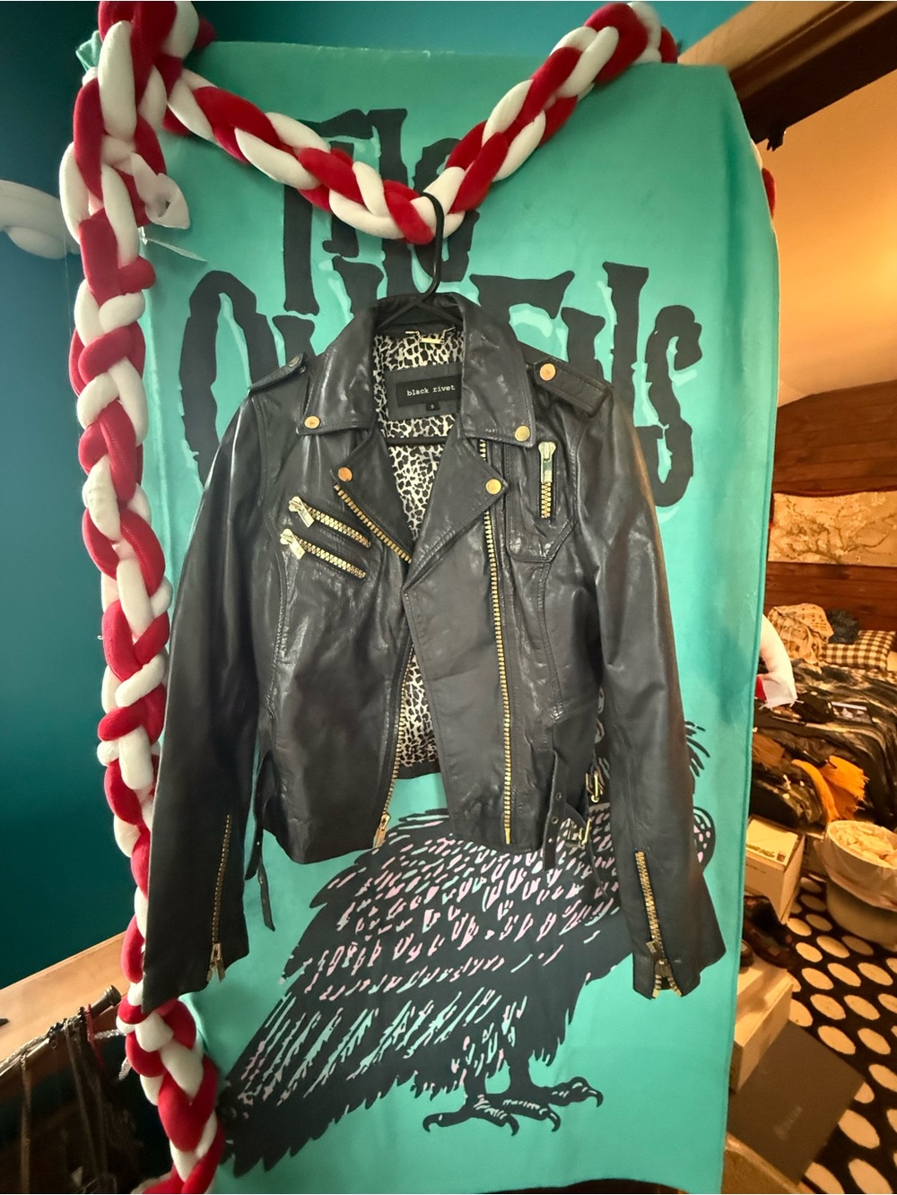 Black Rivet Black Leather Moto Jacket with Leopard Lining and Gold Hardware